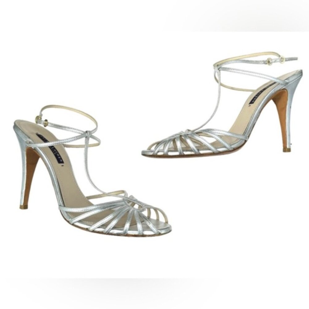 RALPH LAUREN COLLECTION strappy silver ankle strap heels - 4"